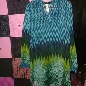 Turquoise, black and green sheer dress.